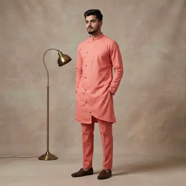 Peach_Cotton_Asymmetric_Hem_Kurta_For_Men