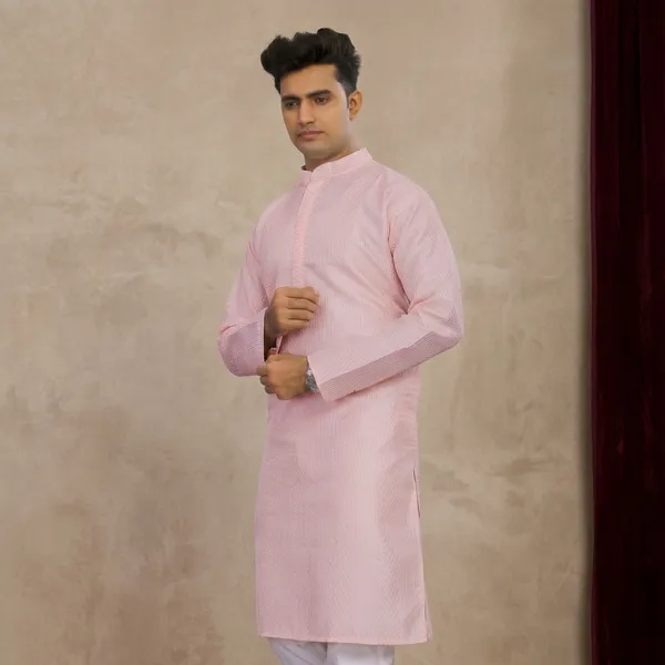 Pink_Cotton_Blend_Textured_Mandarin_Collar_Kurta_For_Men
