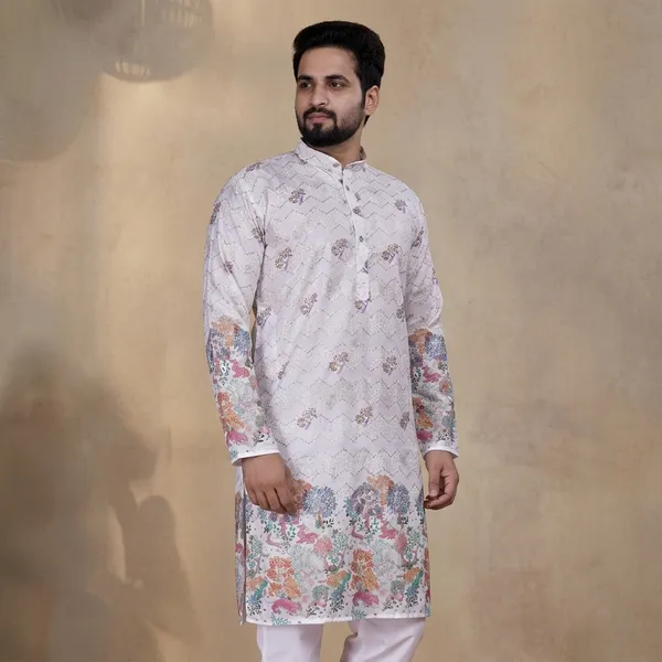 White_Cotton_Floral_Print_Long_Kurta_For_Men