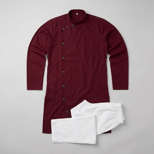 Maroon_Cotton_Blend_Side_Button_Kurta_For_Men