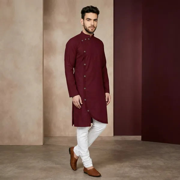 Maroon_Cotton_Blend_Side_Button_Kurta_For_Men