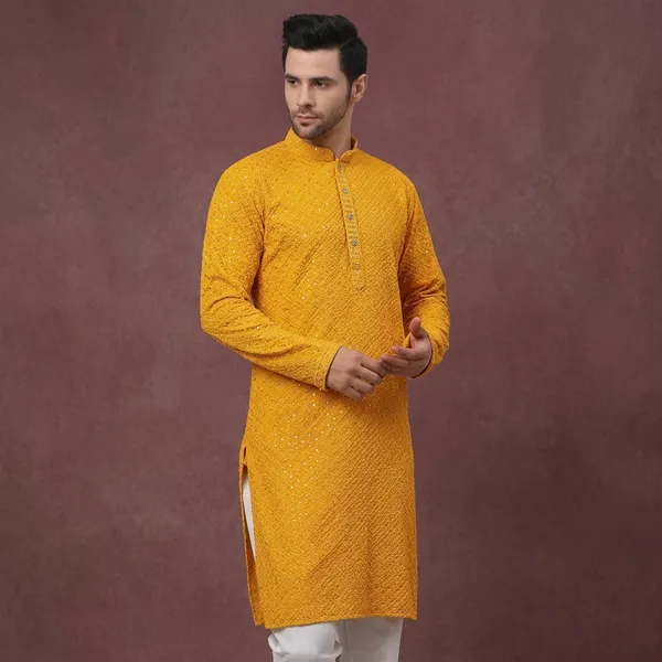 Yellow_Embroidered_Cotton_Straight_Kurta_For_Men