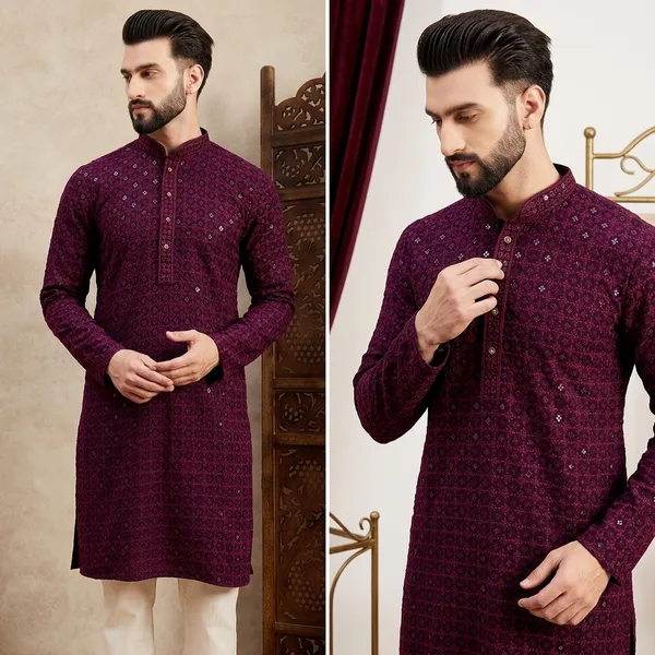 Maroon_Rayon_Regular_Fit_Sequin_Embroidered_Kurta_For_Men
