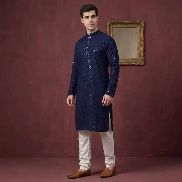 Navy_Blue_Cotton_Sequin_Embellished_Kurta_For_Men