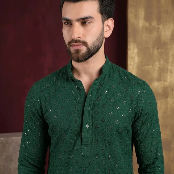 Green_Cotton_Relaxed_Straight_Sequin_Embellished_Kurta_For_Men