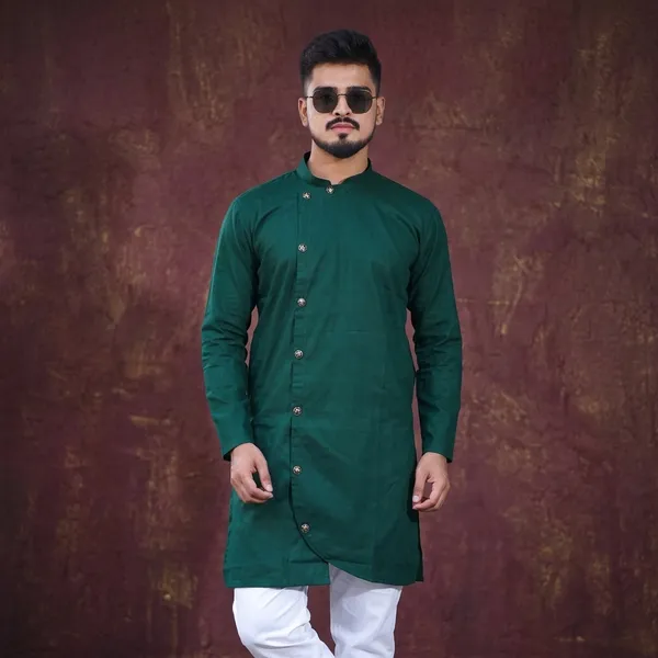 Green_Cotton_Regular_Fit_Full_Sleeve_Kurta_For_Men