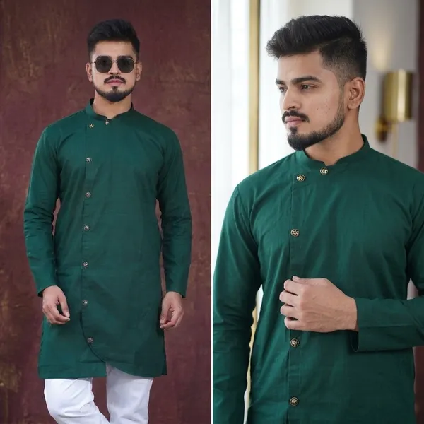 Green_Cotton_Regular_Fit_Full_Sleeve_Kurta_For_Men