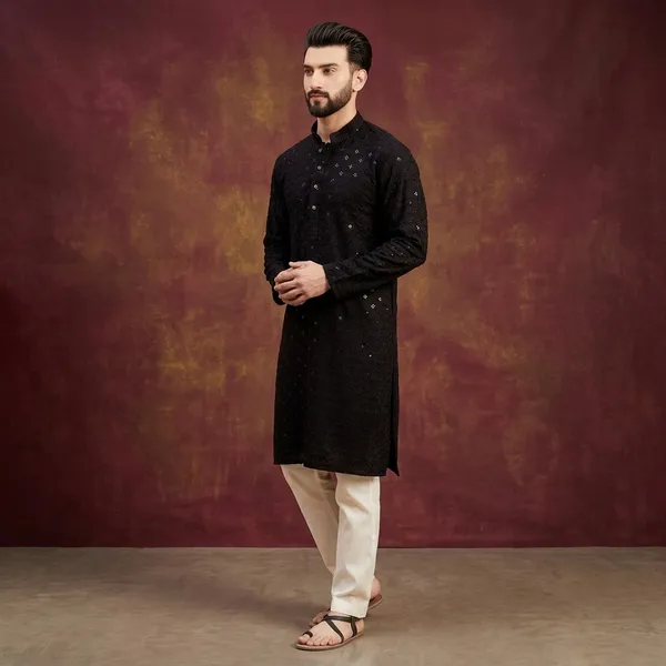Black_Cotton_Mirror_Work_Embroidered_Kurta_Pajama_Set_For_Men