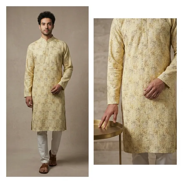 Cream_Rayon_Golden_Embroidered_Straight_Kurta_Set_For_Men