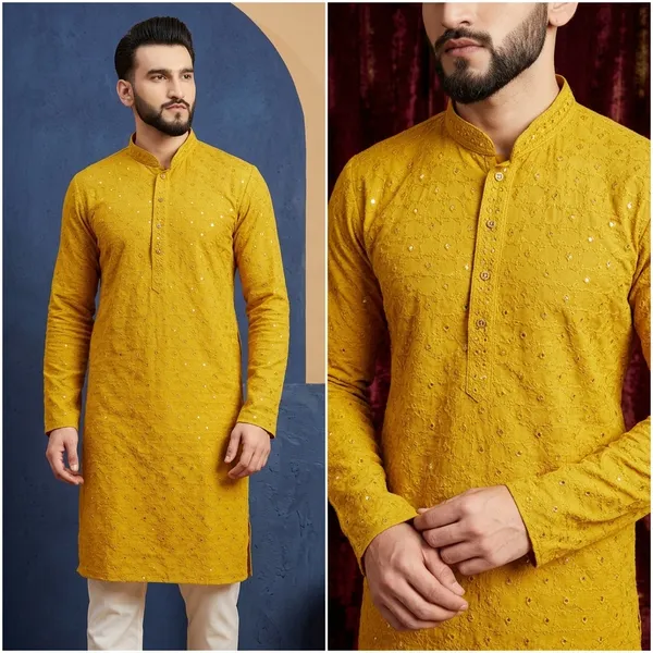 Yellow_Embroidered_Rayon_Straight_Kurta_Set_For_Men