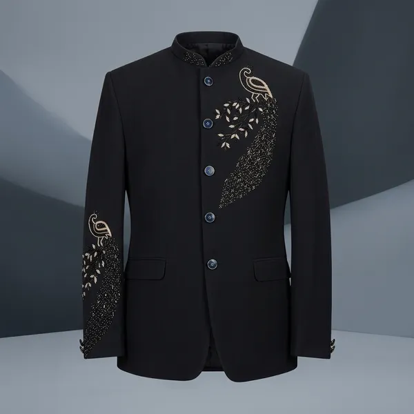 Black_Cotton_Peacock_Motif_Bandhgala_Blazer_For_Men