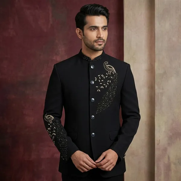 Black_Cotton_Peacock_Motif_Bandhgala_Blazer_For_Men