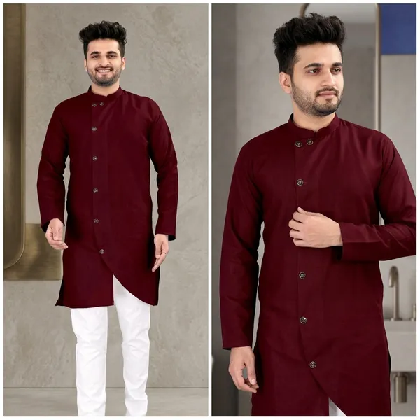 Maroon_Cotton_Blend_Mandarin_Collar_Kurta_For_Men