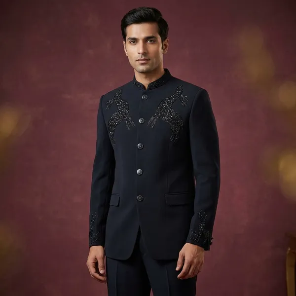 Black_Cotton_Embroidered_Mandarin_Collar_Bandhgala_Blazer_For_Men