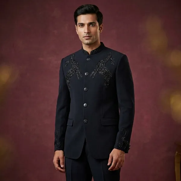 Black_Cotton_Embroidered_Mandarin_Collar_Bandhgala_Blazer_For_Men