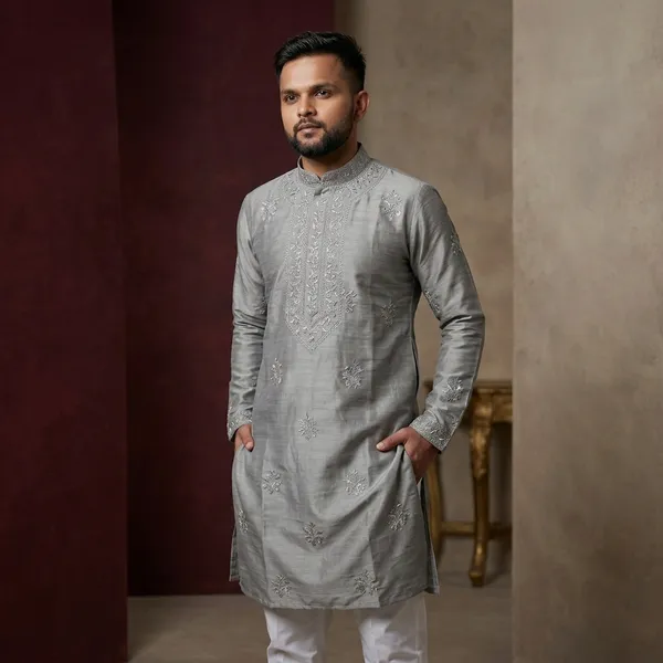 Grey_Embroidered_Cotton_Straight_Kurta_Pajama_Set_For_Men