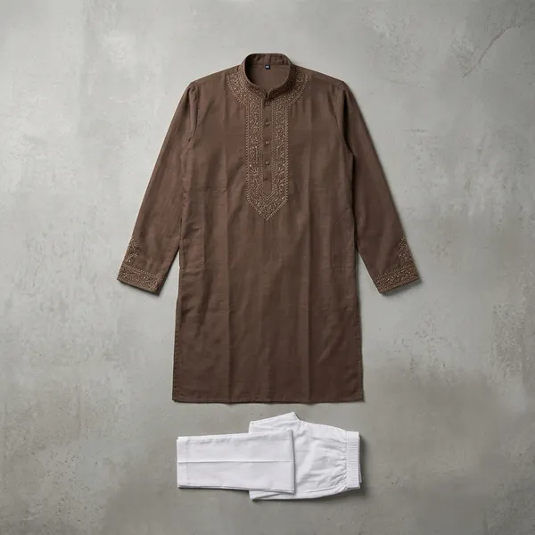 Brown_Cotton_Embroidered_Straight_Kurta_Pajama_Set_For_Men