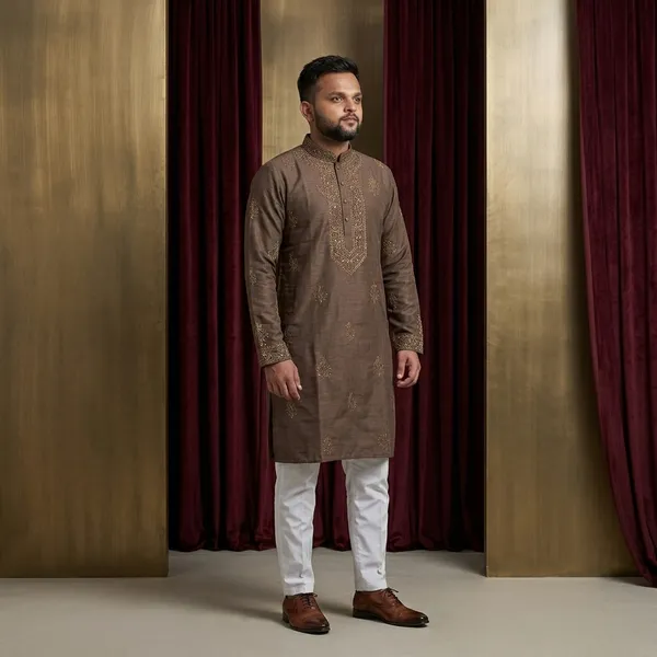 Brown_Cotton_Embroidered_Straight_Kurta_Pajama_Set_For_Men