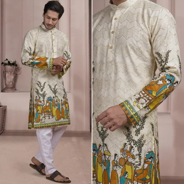 Cream_Cotton_Blend_Straight_Ethnic_Print_Kurta_For_Men