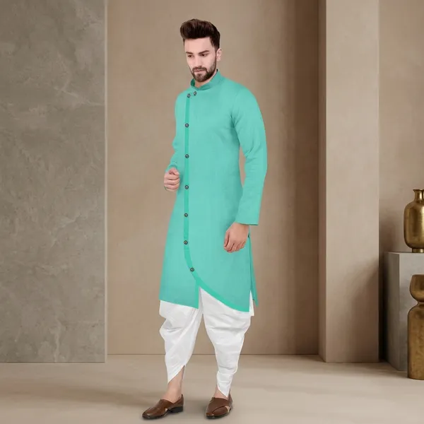 Turquoise_Cotton_Mandarin_Collar_Kurta_Pyjama_Set_For_Men