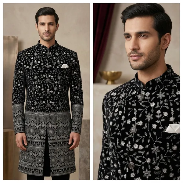 Black_Cotton_Floral_Embroidered_Mandarin_Collar_Blazer_For_Men