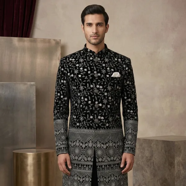 Black_Cotton_Floral_Embroidered_Mandarin_Collar_Blazer_For_Men