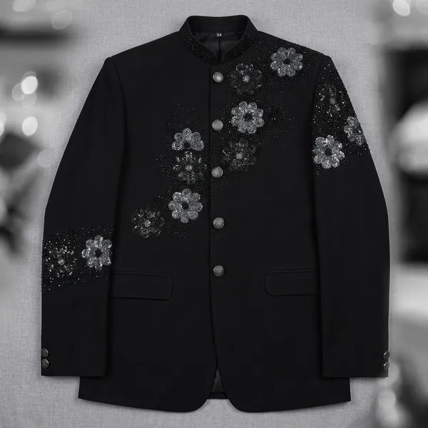 Black_Cotton_Sequin_Embellished_Mandarin_Collar_Blazer_For_Men