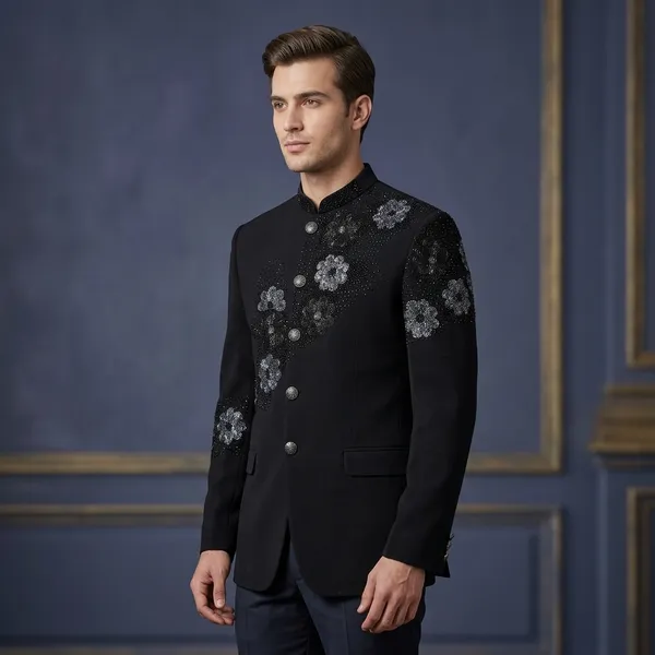 Black_Cotton_Sequin_Embellished_Mandarin_Collar_Blazer_For_Men