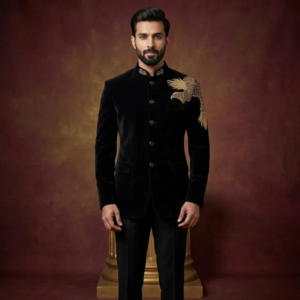 Black_Cotton_Golden_Phoenix_Embroidered_Blazer_For_Men