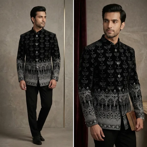Black_Cotton_Embroidered_Sherwani_Jacket_For_Men