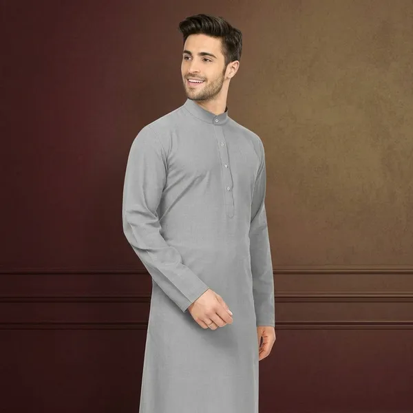 Grey_Cotton_Blend_Mandarin_Collar_Kurta_For_Men