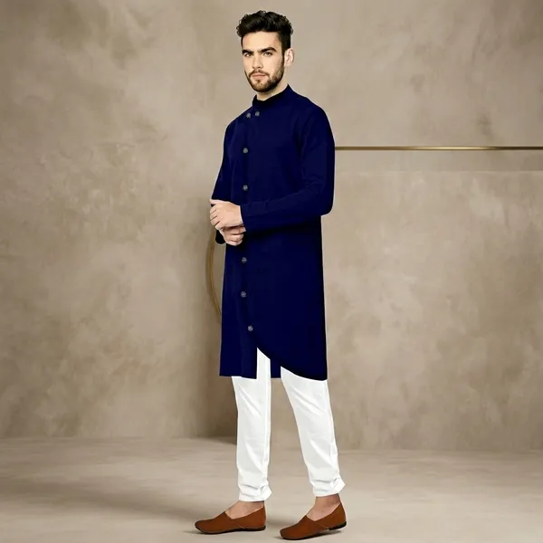 Navy_Blue_Cotton_Blend_Asymmetric_Hem_Kurta_For_Men