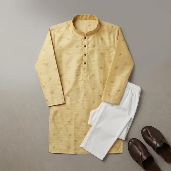 Yellow_Jacquard_Mandarin_Collar_Kurta_Pajama_Set_For_Men