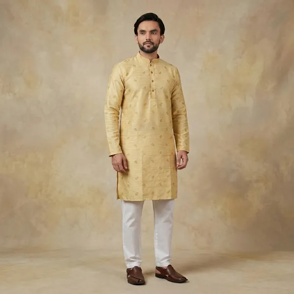 Yellow_Jacquard_Mandarin_Collar_Kurta_Pajama_Set_For_Men