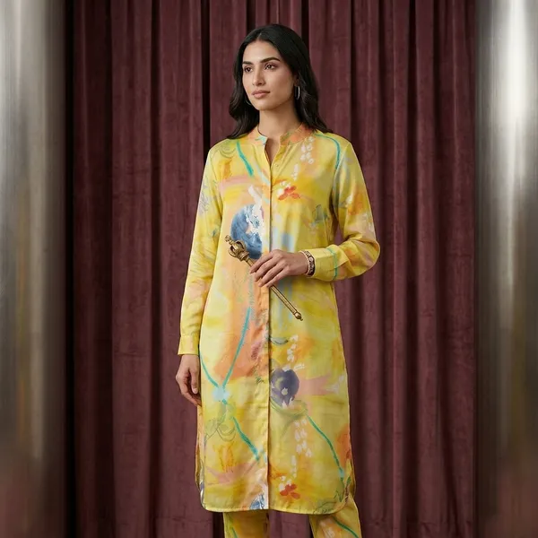 Yellow_Chinnon_Abstract_Printed_Long_Kurta_Pant_Set_For_Women