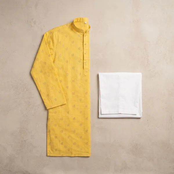 Yellow_Cotton_Relaxed_Fit_Embroidered_Kurta_Set_For_Men