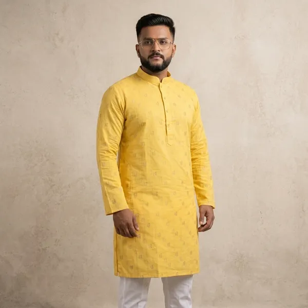 Yellow_Cotton_Relaxed_Fit_Embroidered_Kurta_Set_For_Men