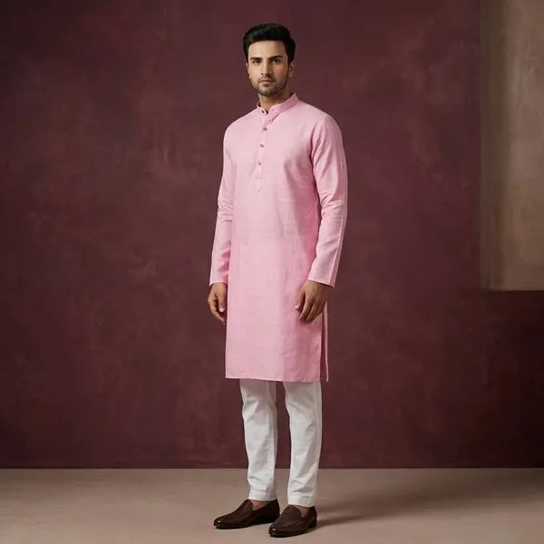 Pink_Cotton_Mandarin_Collar_Straight_Kurta_For_Men