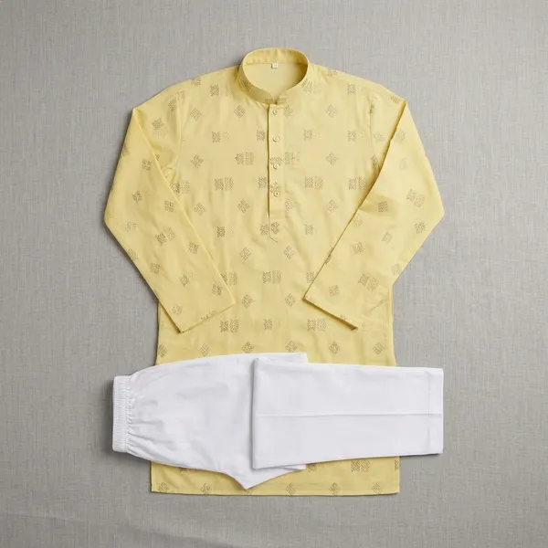 Yellow_Cotton_Straight_Embroidered_Kurta_Pajama_Set_For_Men