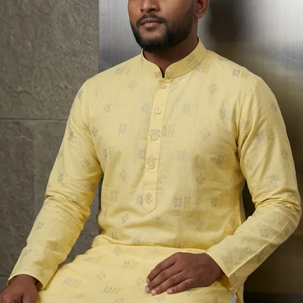 Yellow_Cotton_Straight_Embroidered_Kurta_Pajama_Set_For_Men