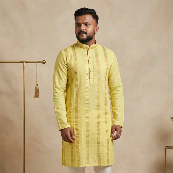 Yellow_Cotton_Relaxed_Striped_Kurta_For_Men