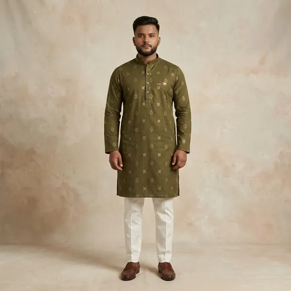 Olive_Green_Cotton_Straight_Embroidered_Kurta_Pajama_Set_For_Men
