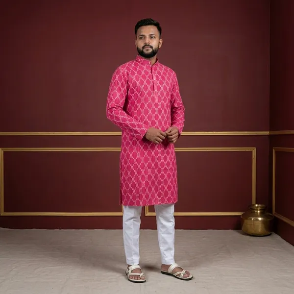 Pink_Cotton_Ikat_Print_Kurta_Pajama_Set_For_Men