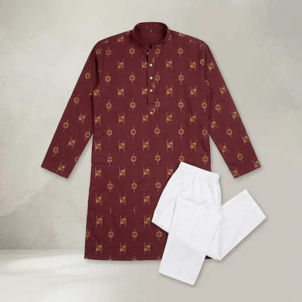 Maroon_Printed_Cotton_Straight_Kurta_Pajama_Set_For_Men