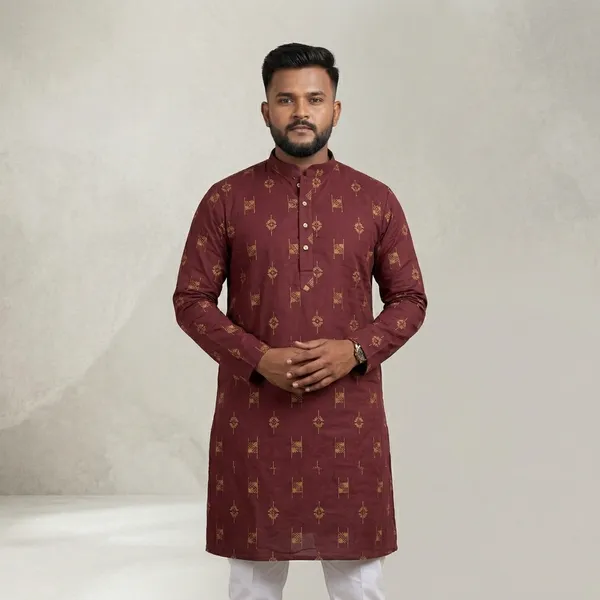 Maroon_Printed_Cotton_Straight_Kurta_Pajama_Set_For_Men