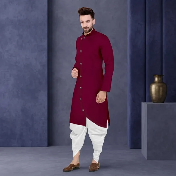 Maroon_Cotton_Blend_Asymmetric_Kurta_Pyjama_Set_For_Men