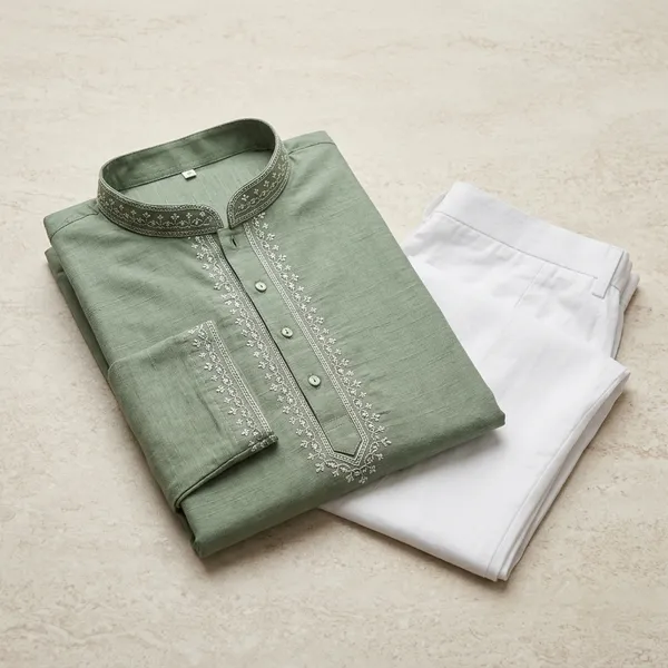 Green_Cotton_Straight_Embroidered_Kurta_Set_For_Men