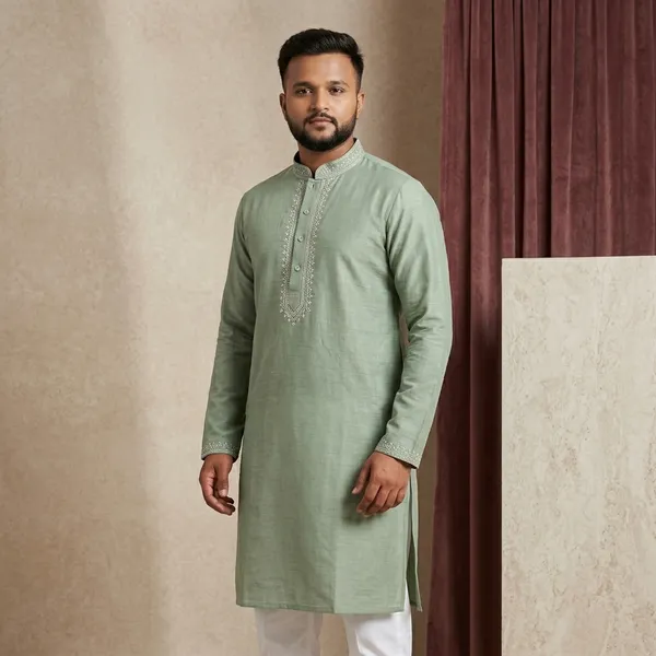 Green_Cotton_Straight_Embroidered_Kurta_Set_For_Men