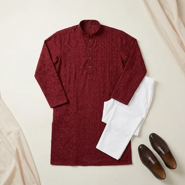 Maroon_Cotton_Straight_Embroidered_Kurta_Pajama_Set_For_Men