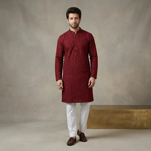 Maroon_Cotton_Straight_Embroidered_Kurta_Pajama_Set_For_Men